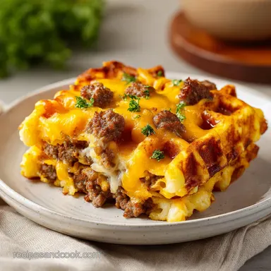 Sausage and Waffle Casserole for 7 Servings: Golden Brown Recipe Card