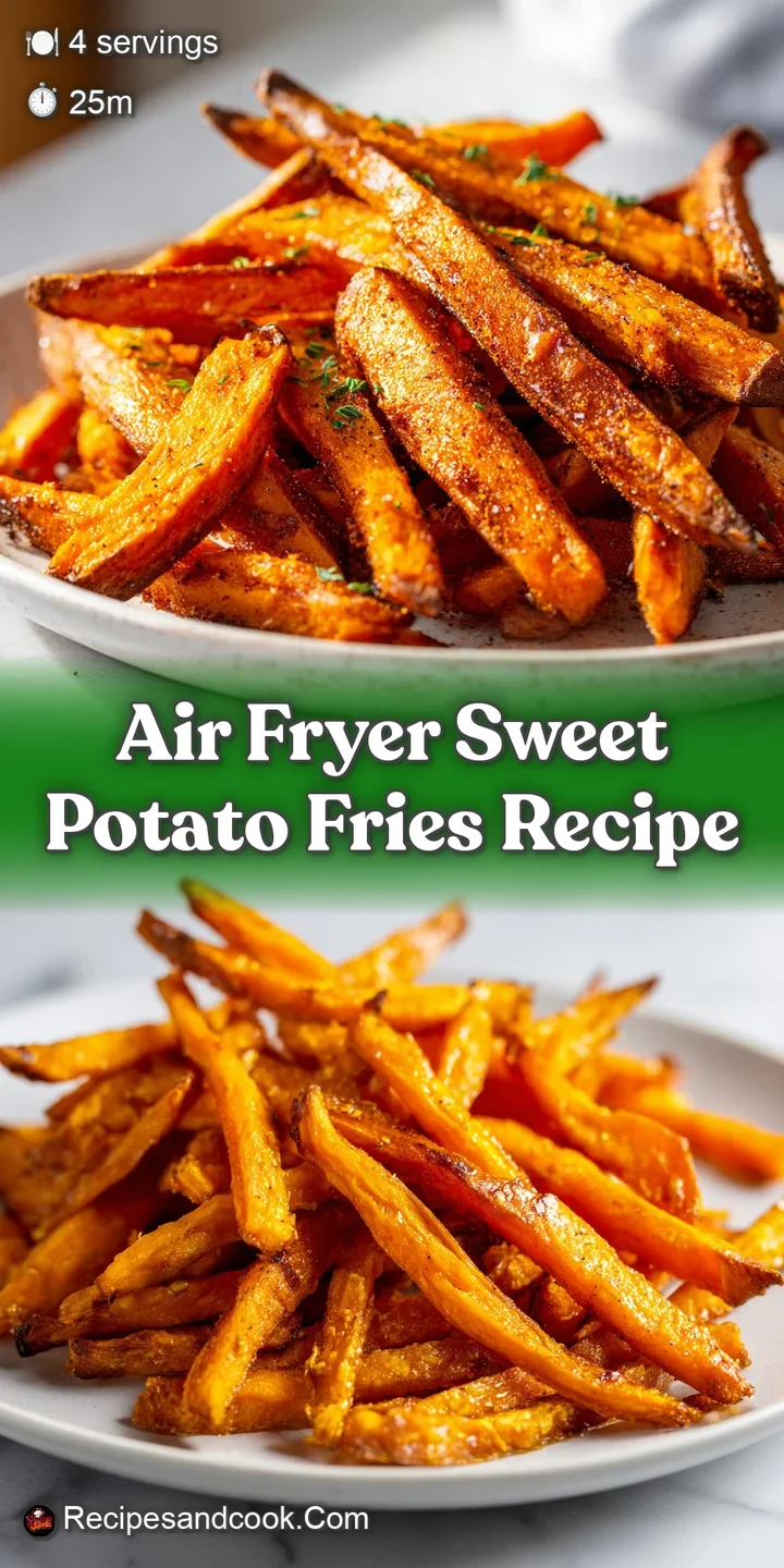 Close-up of crispy air fryer sweet potato fries, showcasing the slightly caramelized exterior and soft interior. Inviting ...