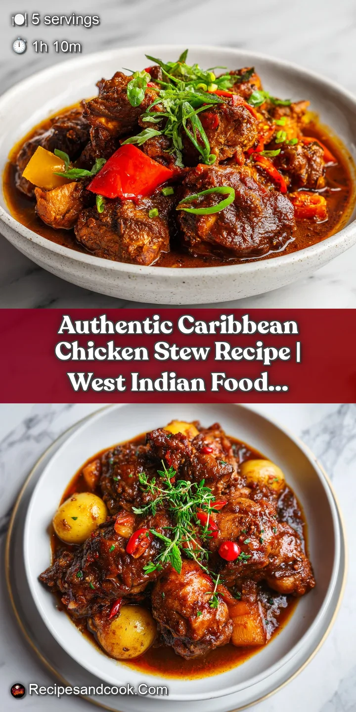 Close-up of juicy chicken and tender vegetables glistening in a flavorful dark sauce, hinting at savory Caribbean spices a...