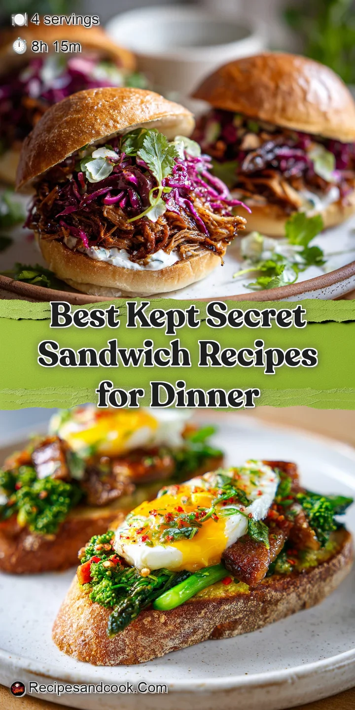 Close-up shows the soft, shredded texture of the slow-cooked sandwich filling, dripping with savory sauce, inviting a big ...