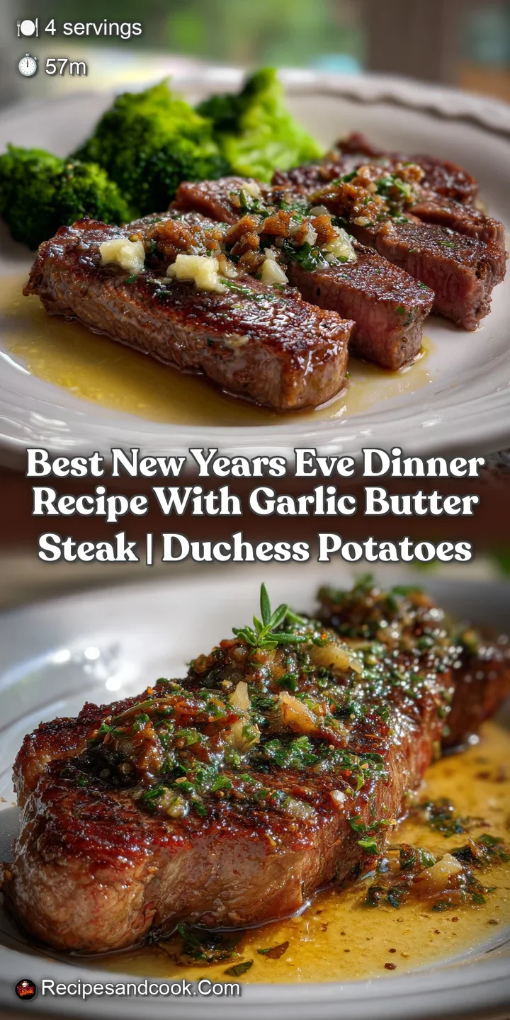 Close-up of a tender steak, showcasing its juicy, pink interior, topped with bubbling garlic butter, inviting textures and...