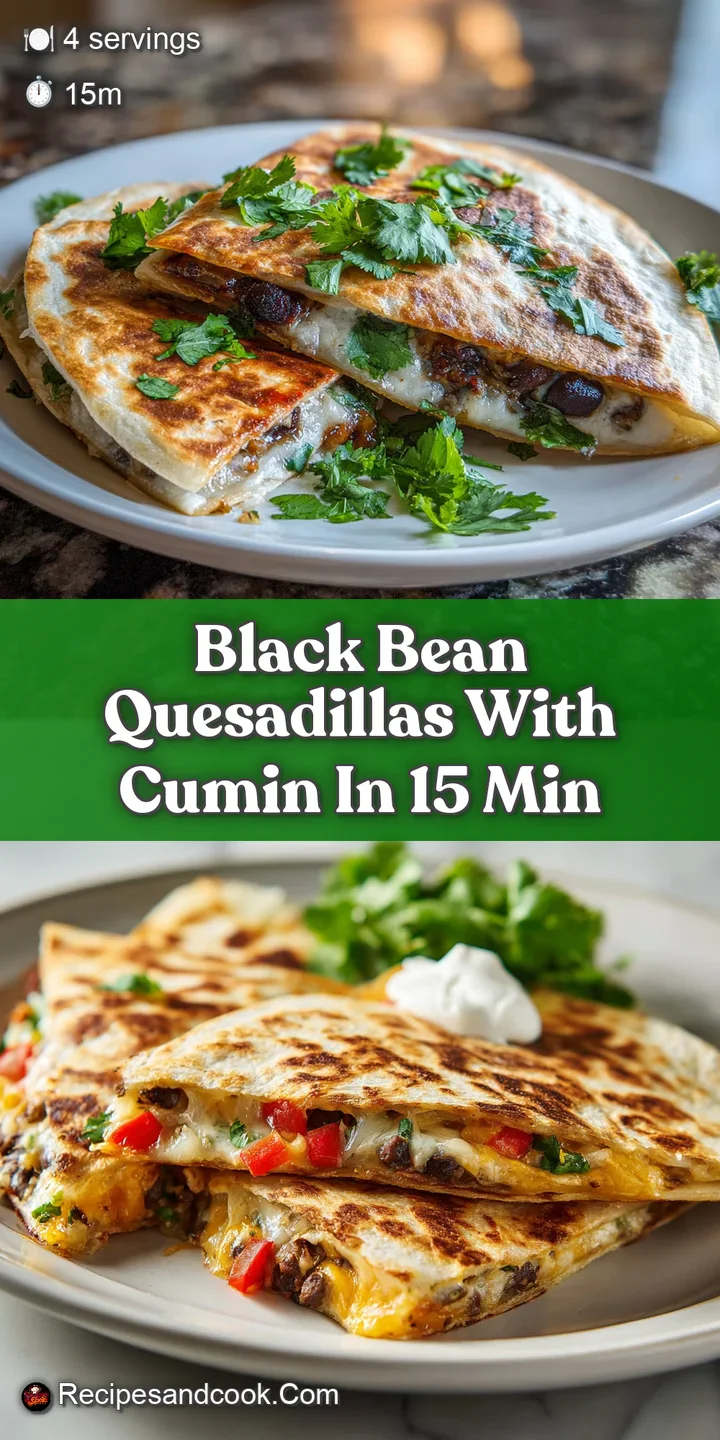 Close-up of a warm black bean quesadilla, oozing with melted cheese and studded with cumin seeds, hinting at savory, earth...