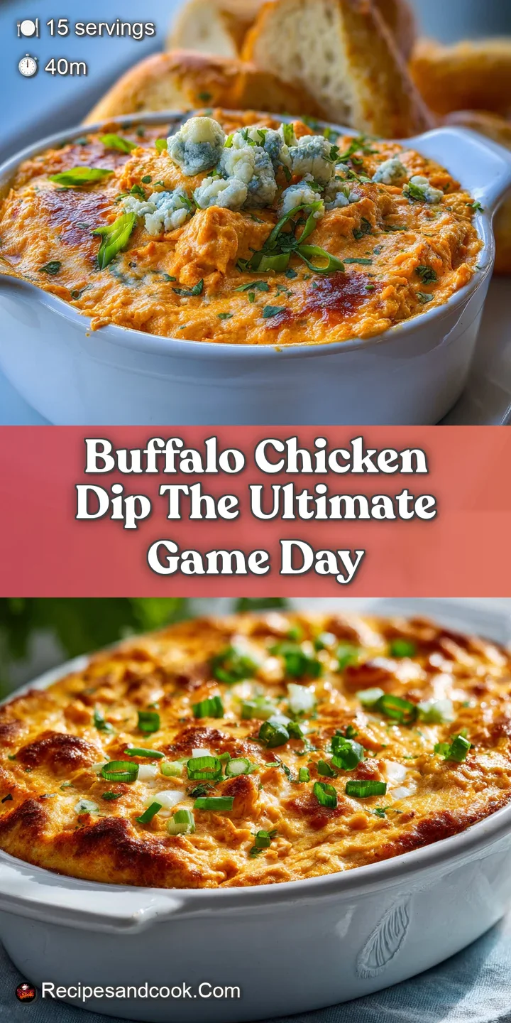 Close-up of hot buffalo chicken dip, the surface browned and bubbly, hinting at creamy chicken underneath with melted chee...