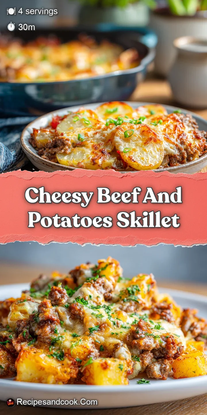 Close-up reveals browned beef, soft potatoes, and gooey melted cheese in a rich sauce, with steam rising invitingly from t...