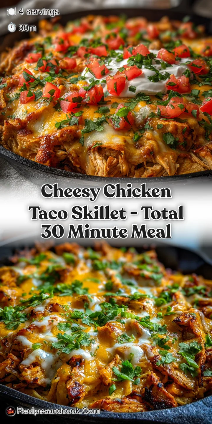 Close-up of a cheesy, bubbling chicken taco skillet. Melted cheese stretches across the savory chicken and colorful toppings.