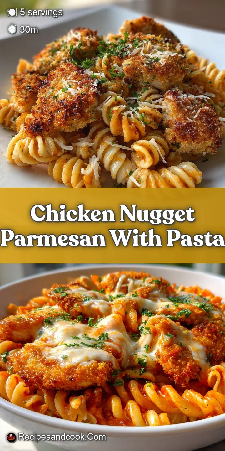 Close-up reveals cheesy, bubbly chicken nugget parm. Sauce drips down the side of a crispy nugget; basil flecks are visible.