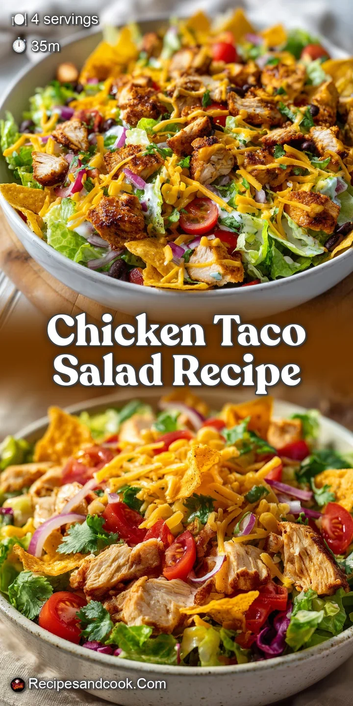 Close-up shows seasoned chicken, crisp lettuce, and colorful veggies bursting from a chicken taco salad, topped with cream...