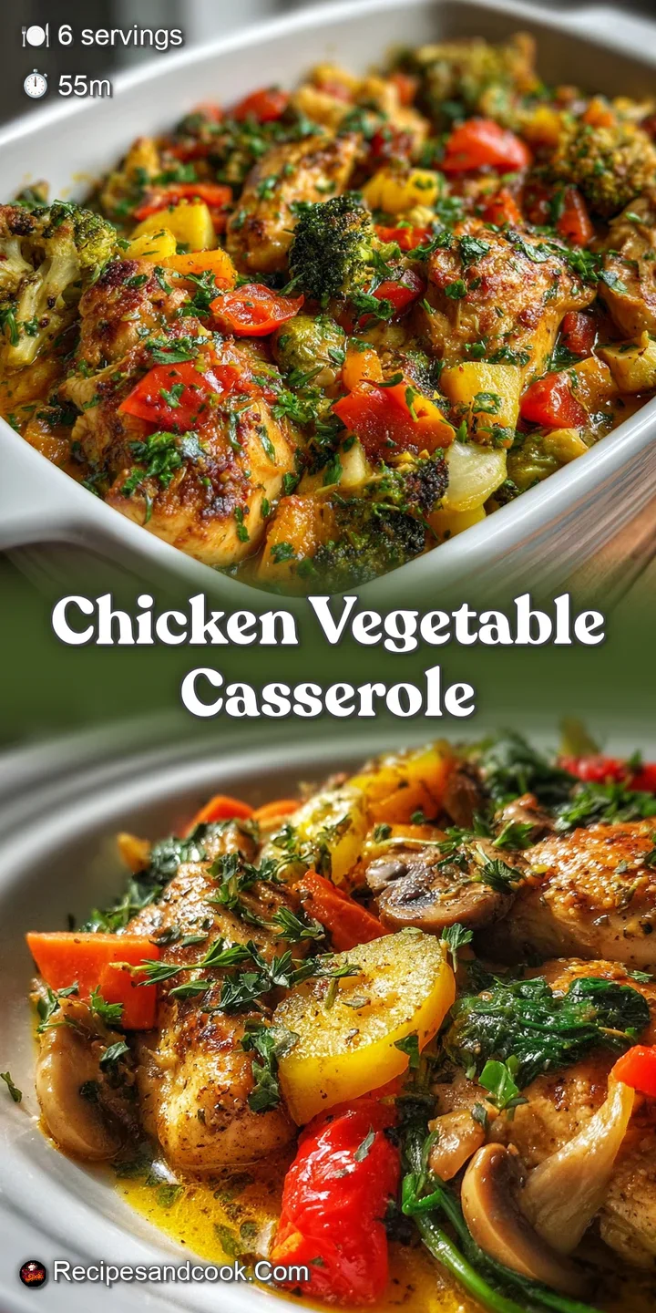 Close-up of a cheesy, panko-crusted casserole, highlighting the vibrant colors of the tender chicken and mixed vegetables.