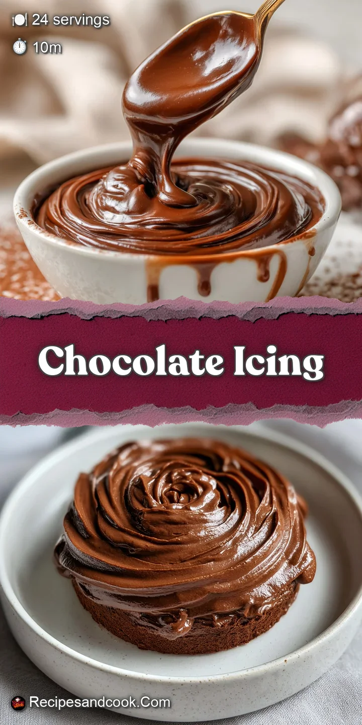 Close-up of silky chocolate icing. Rich brown color with a soft sheen. Small cocoa powder granules add visual texture, del...