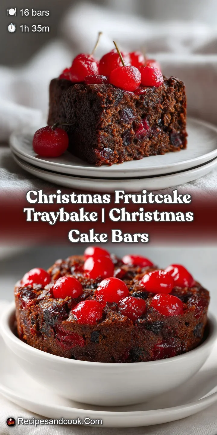 Close-up of a dense, moist cake slice showing glossy candied cherries and golden raisins in a dark brown sponge.