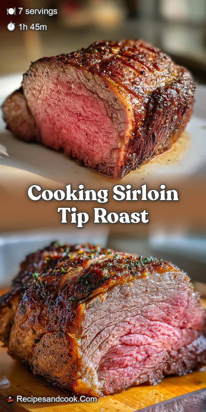 Close-up of roasted sirloin tip, showcasing its dark, caramelized crust and the tender, rosy interior. Succulent perfection!