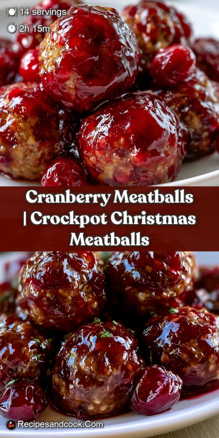 Close-up of a tender, browned meatball drenched in a thick, shimmering red sauce with visible berry bits.