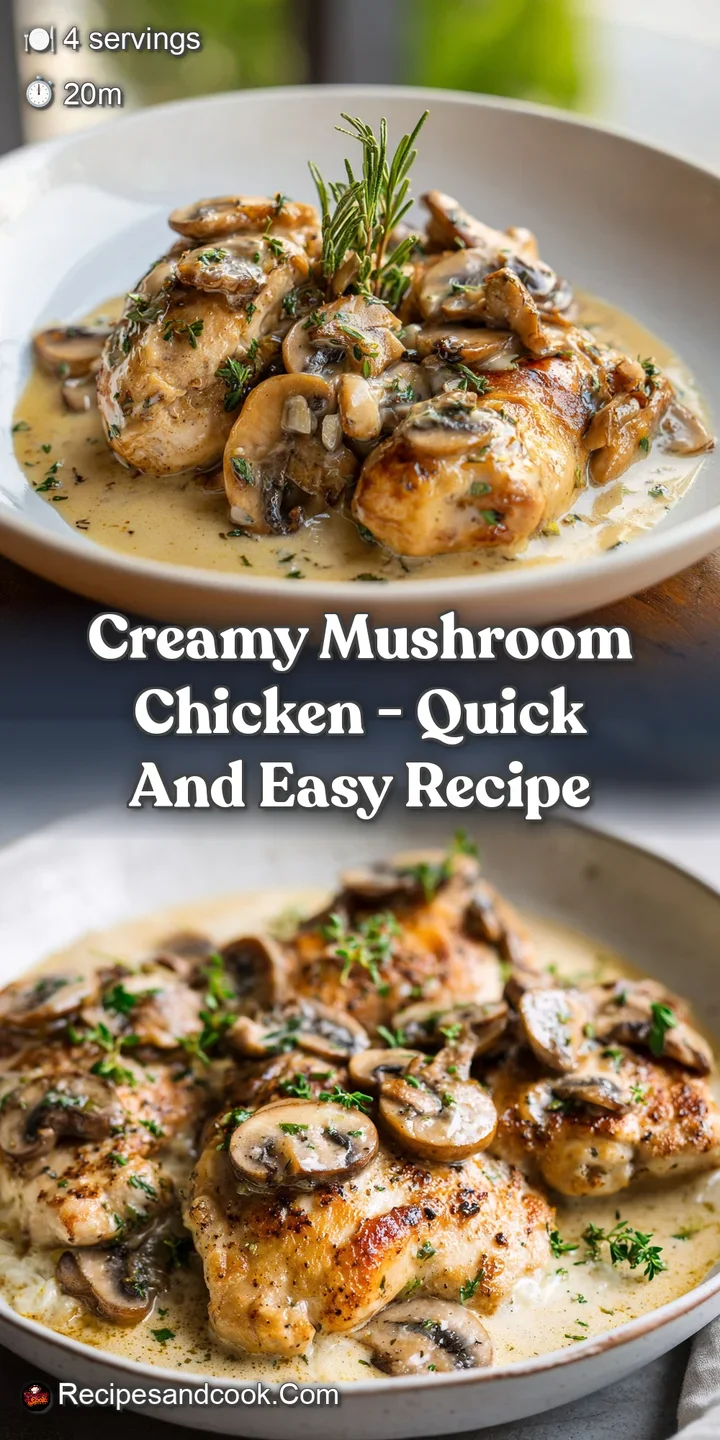 Appetizing view of golden-brown chicken in a luscious, ivory mushroom sauce, highlighting its creamy texture and delicious...