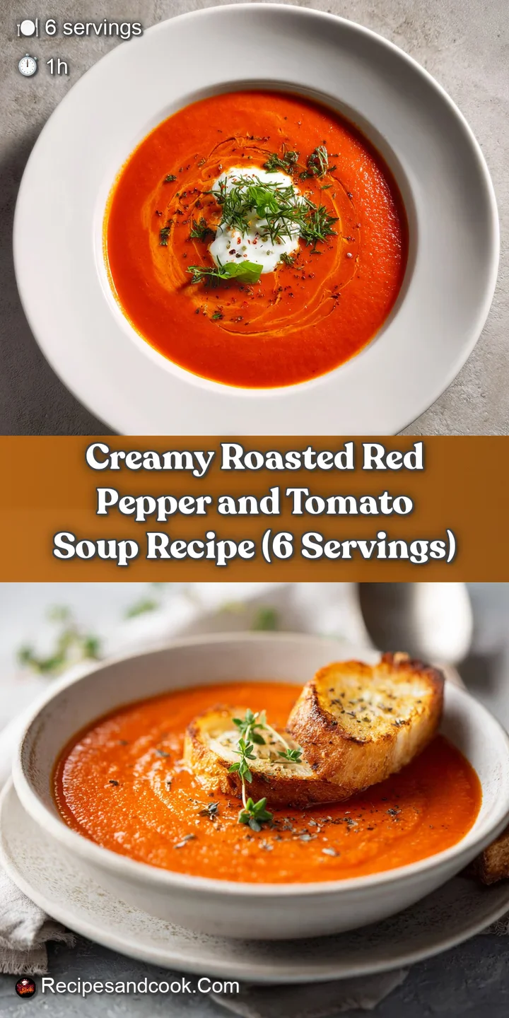 Close-up of bright red roasted red pepper and tomato soup, showcasing a velvety texture and flecks of herbs.