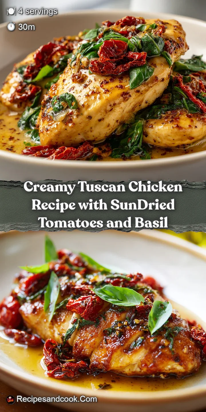 Close-up: Creamy Tuscan chicken with sun-dried tomatoes. A rich, inviting sauce coats juicy chicken, flecked with bright g...