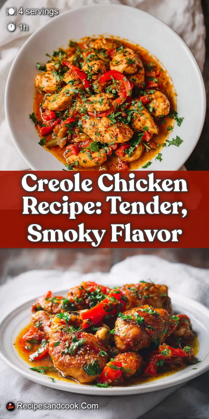 Close-up reveals tender chicken in a flavorful Creole sauce; hints of tomato, spices, and herbs create a visually appealin...