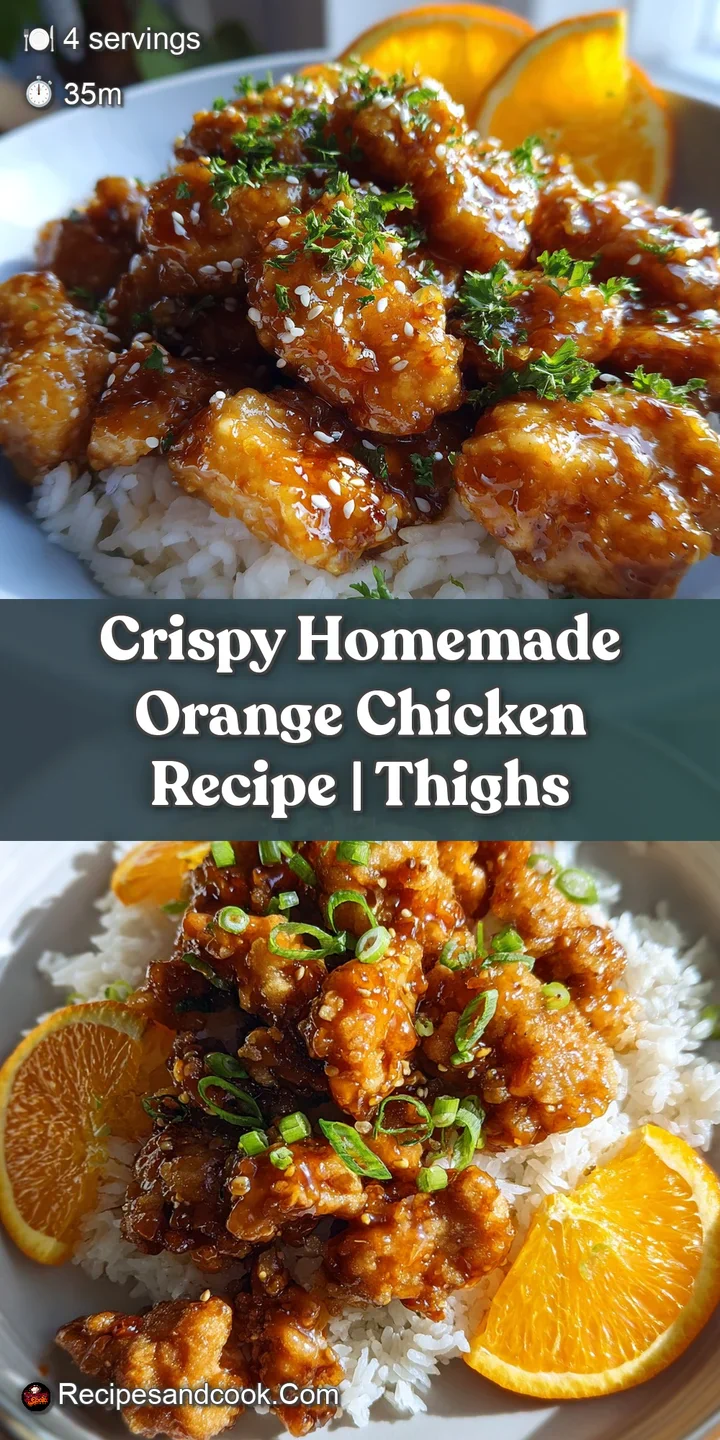 Close-up reveals crispy, craggy texture of orange chicken, coated in a sticky, vibrant sauce with flecks of spice.