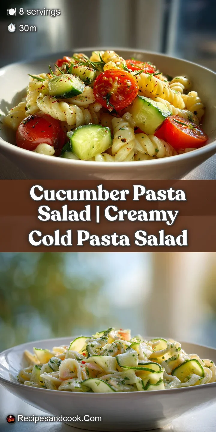 Close-up of refreshing cucumber pasta salad. You can almost taste the cool crunch of the cucumber and the tangy creamy dre...