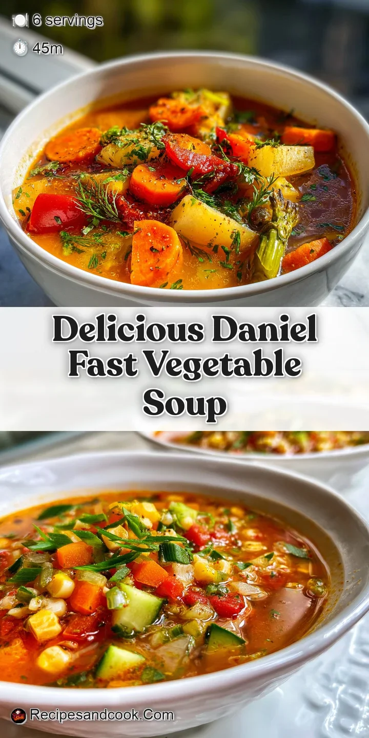 Close-up of bright, colorful vegetables swimming in a clear, savory broth. Steam rises, hinting at a warm and hearty meal.