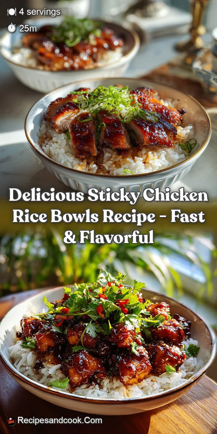 Close-up reveals the rich, dark glaze on the juicy chicken, contrasting with the fluffy white rice and sesame seed sprinkles.