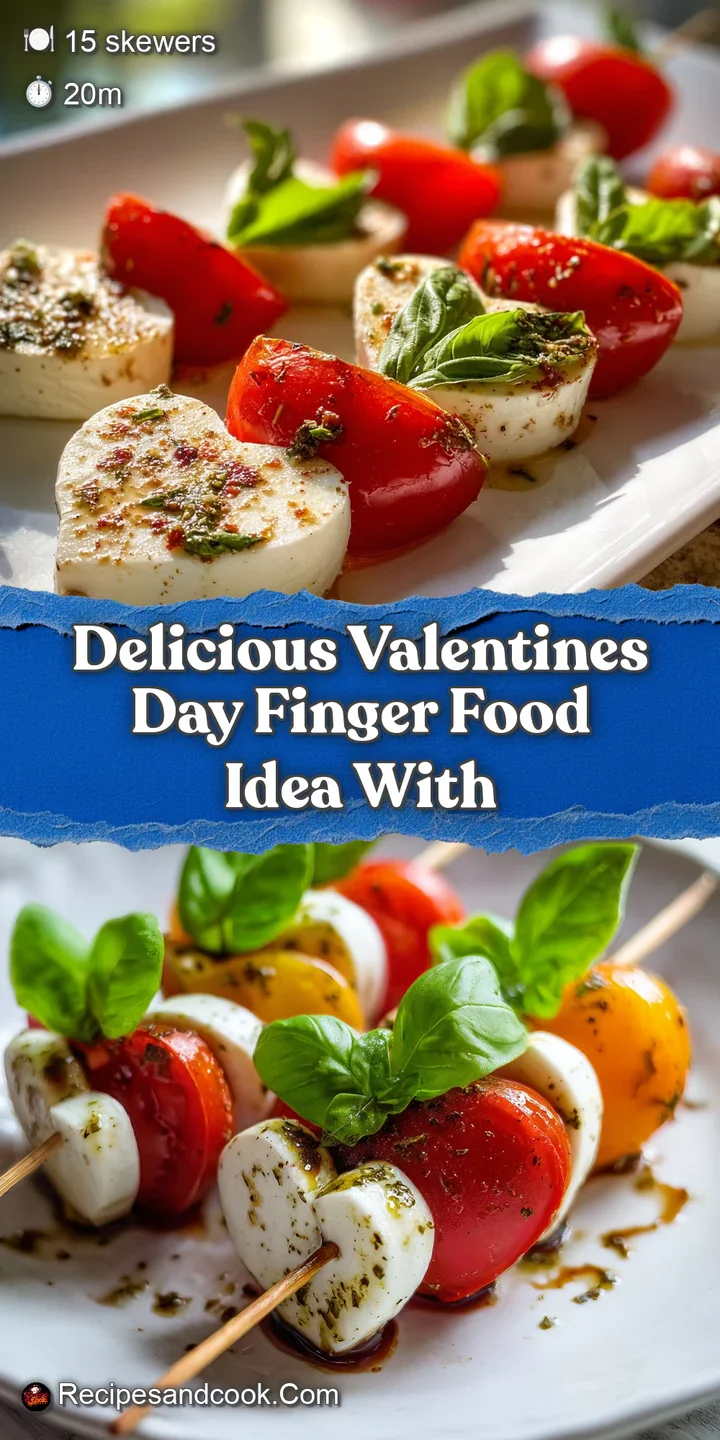 Close-up of a heart-shaped Caprese skewer; juicy red tomato contrasts with the smooth, white mozzarella and bright green b...