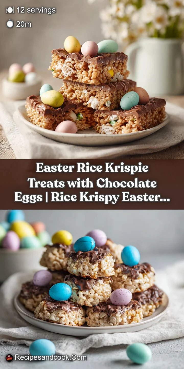 Close-up of a glistening, golden cereal square with melted marshmallow showing, topped by a speckled chocolate egg.