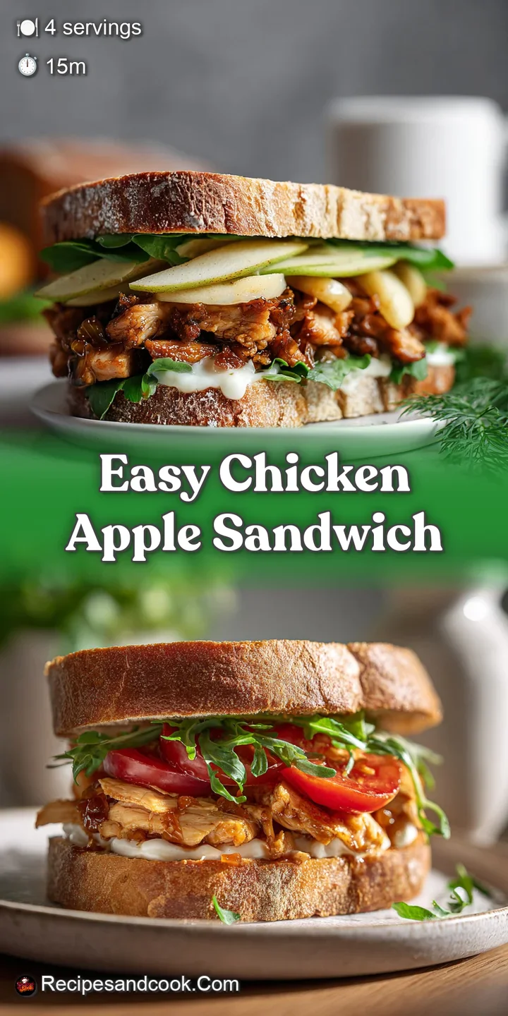 Close-up of a chicken apple sandwich revealing moist chicken, crunchy apple slices, and a glistening sauce oozing from the...