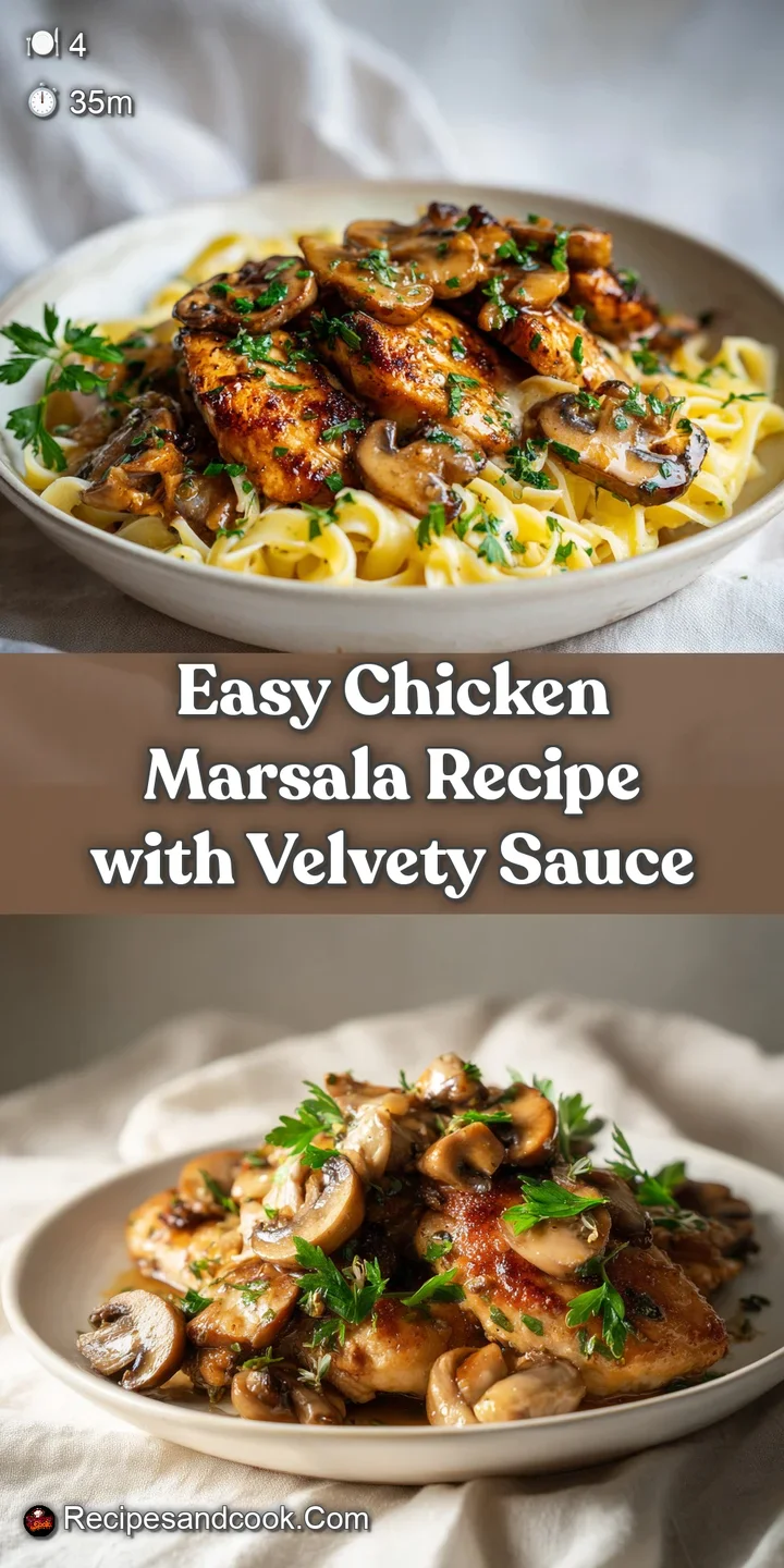 Close-up on Chicken Marsala: Juicy chicken simmered in velvety brown sauce with savory mushrooms, glistening with rich, bu...