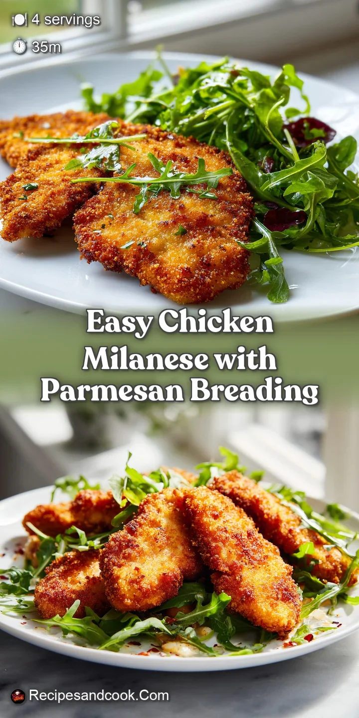 Close-up of a perfectly breaded, golden-fried chicken Milanese cutlet showing its crispy texture and juicy interior, ready...