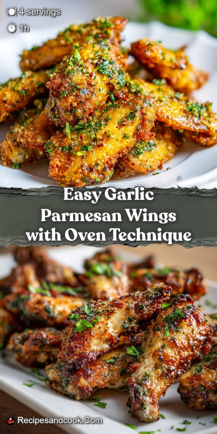 Close-up view of juicy garlic parmesan chicken wings, glistening with sauce and herbs. Inviting, appetizing textures.