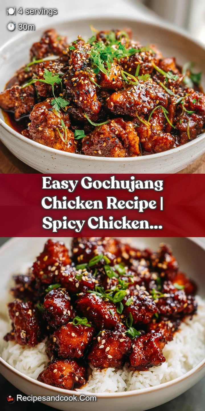 Close-up of glistening gochujang chicken. Sticky, slightly charred texture with a honey glaze catching the light. Appetizi...