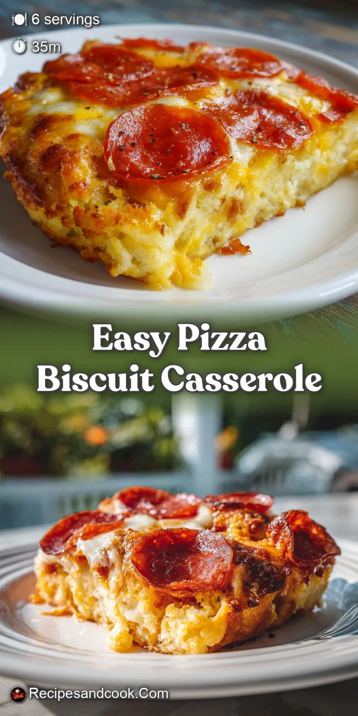 Up-close, bubbly cheese and crispy pepperoni atop golden brown biscuits, revealing the comforting pizza casserole.