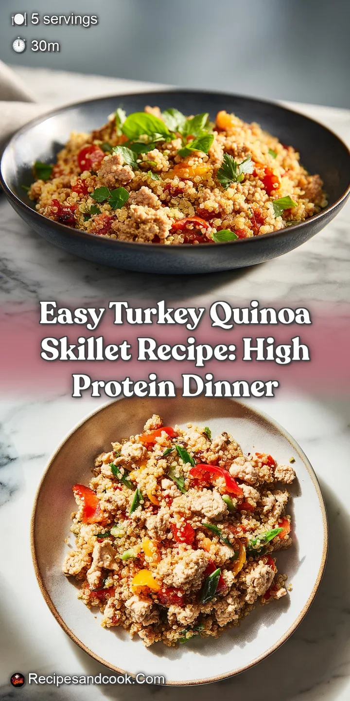 Close-up of the turkey quinoa skillet with visible steam. Moist turkey & soft quinoa mingle with colorful, slightly charre...