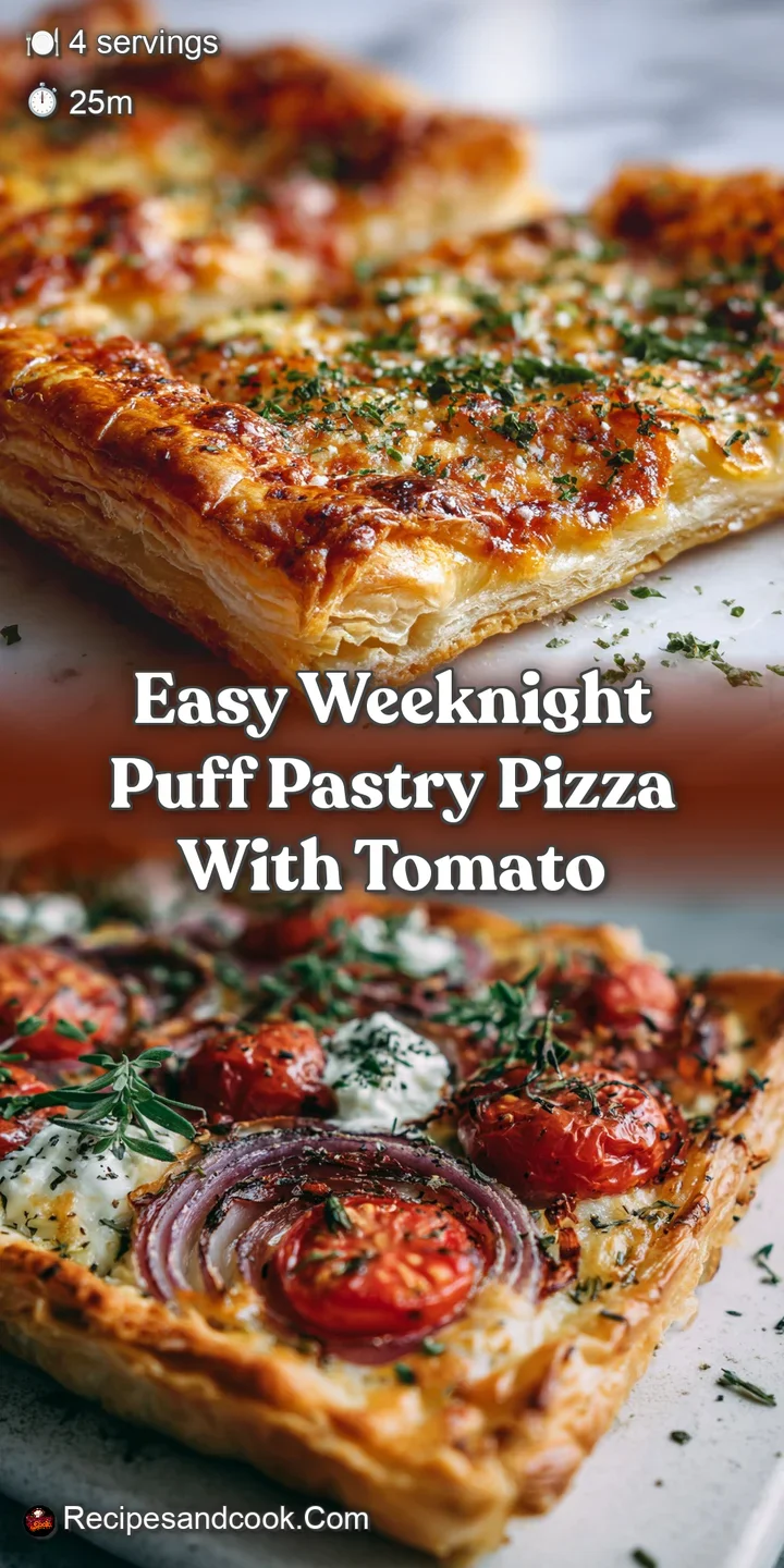 Close-up: glistening, bubbling mozzarella cheese on a puff pastry pizza, flecked with bright green basil. Warm, rustic, an...