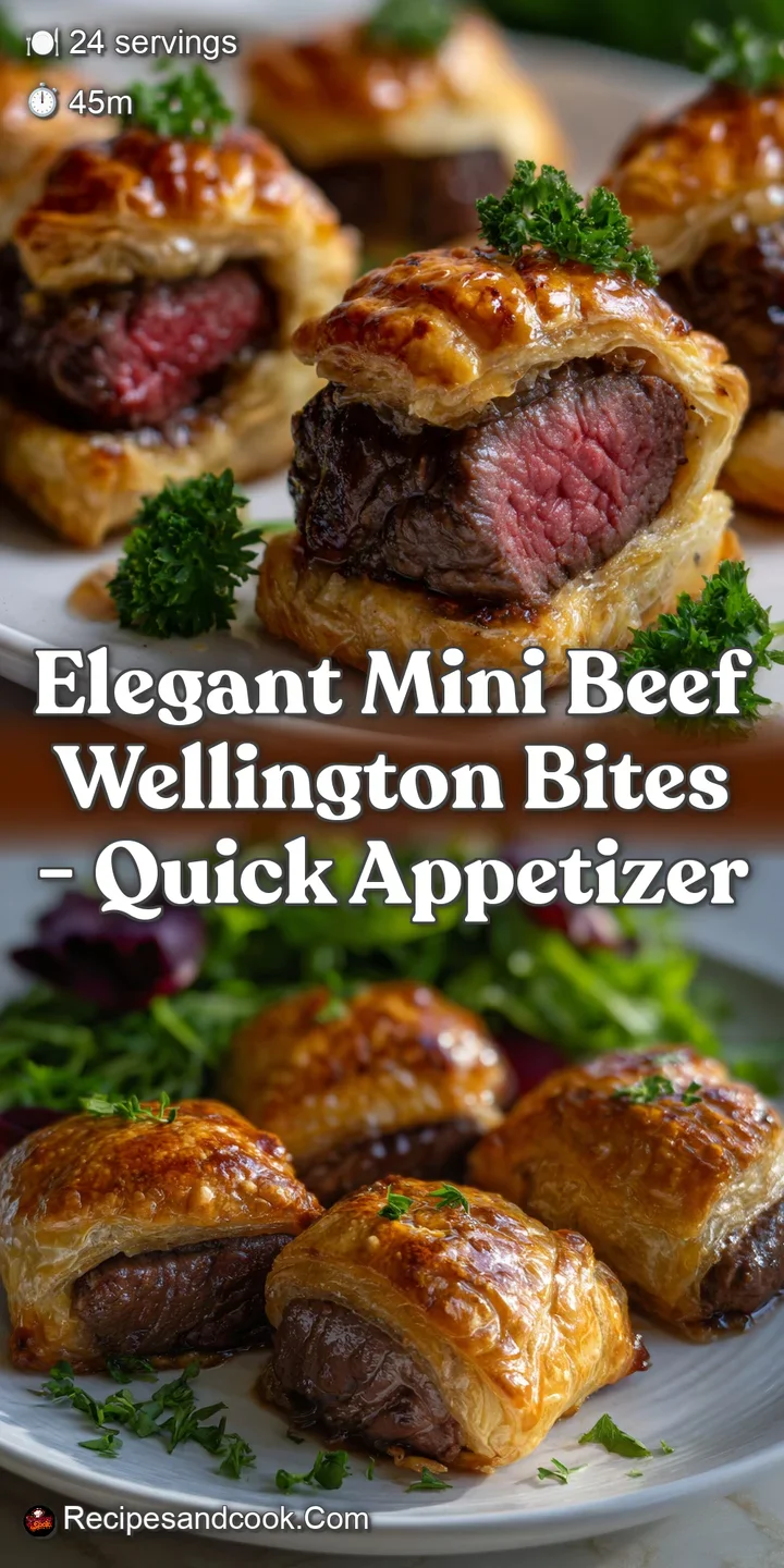 Close-up of a perfectly baked beef wellington bite, revealing tender pink beef encased in a buttery, golden-brown pastry.