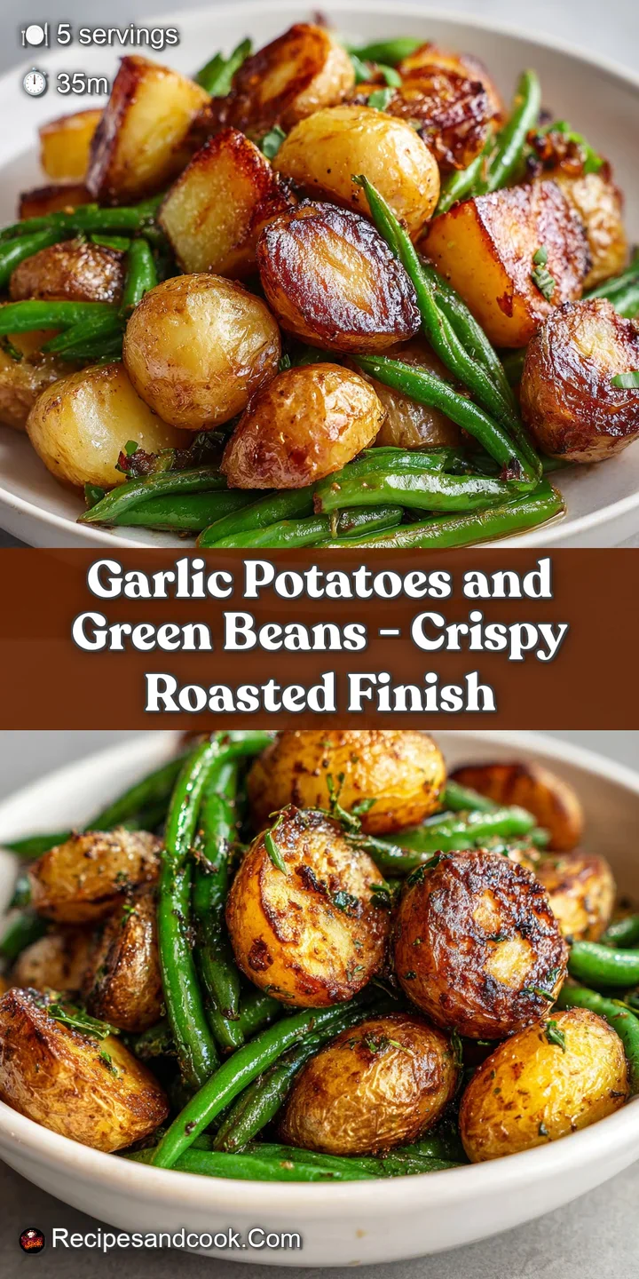 Close-up of tender red potatoes and bright green beans, glistening with a savory garlic oil and fragrant herb blend.