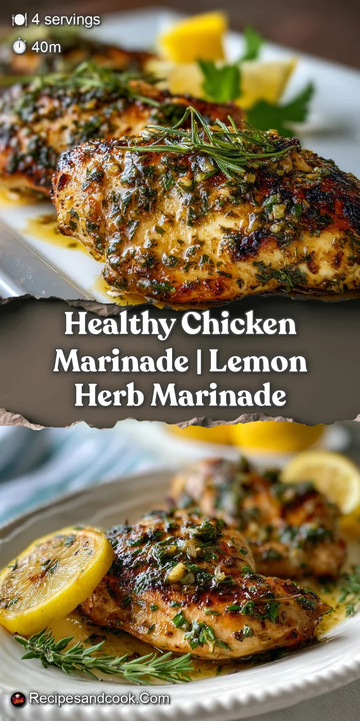 Close-up of glistening grilled chicken, marinade catching the light. Juicy texture, smoky char, and fresh herb visible on ...