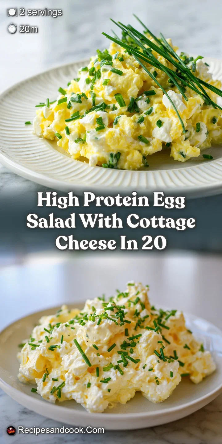 Close-up of a creamy, textured egg salad with pops of green herbs and soft white cottage cheese. Looks light and protein-p...