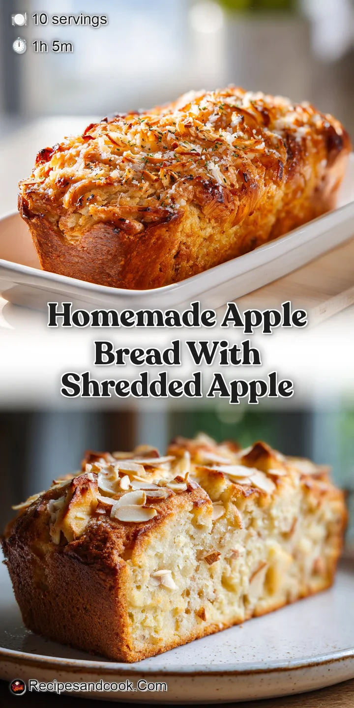 Close-up of apple bread showing moist crumb and shredded apple. Warm, inviting colors with a light dusting of sugar, almos...