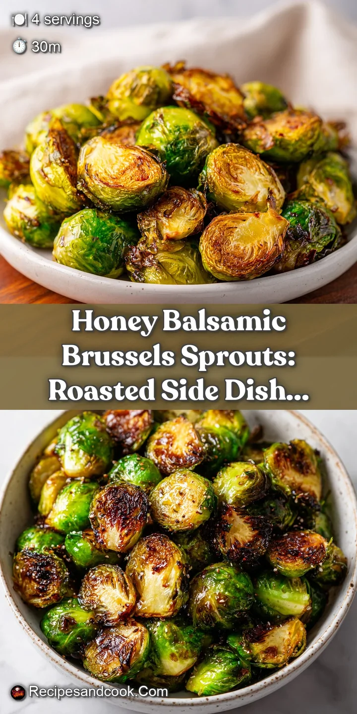 Close-up capturing the caramelized texture of balsamic-glazed Brussels sprouts, showcasing vibrant green leaves and sticky...