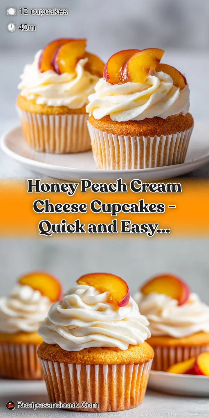 Close-up of velvety pale orange frosting with a glistening honey drizzle and a thin sliver of fresh peach.