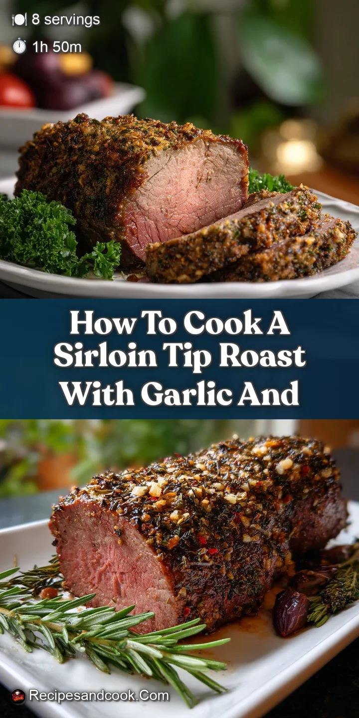 Close-up of a juicy sirloin tip roast slice; herbs, garlic, and browned edges give texture to the appetizing focal point.