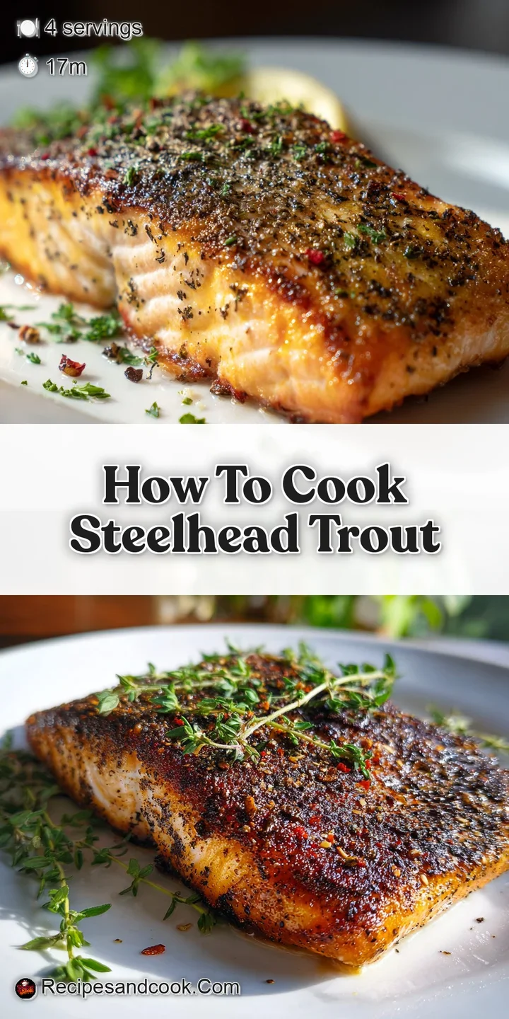 Close-up captures the flaky texture of perfectly cooked steelhead trout skin with a glistening, moist interior. Hints of l...