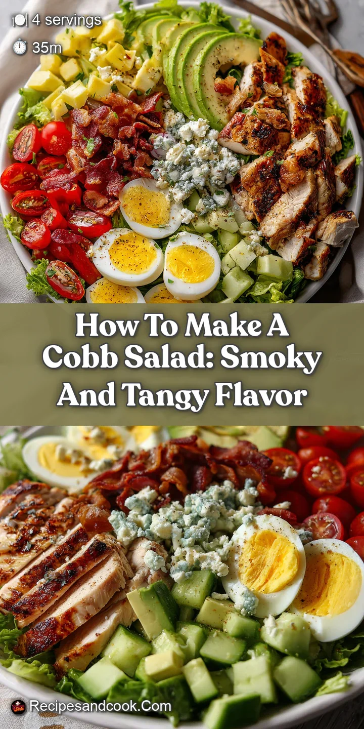 Close-up of a Cobb salad revealing creamy avocado, juicy tomatoes, crispy bacon, and crumbled blue cheese; a flavorful exp...