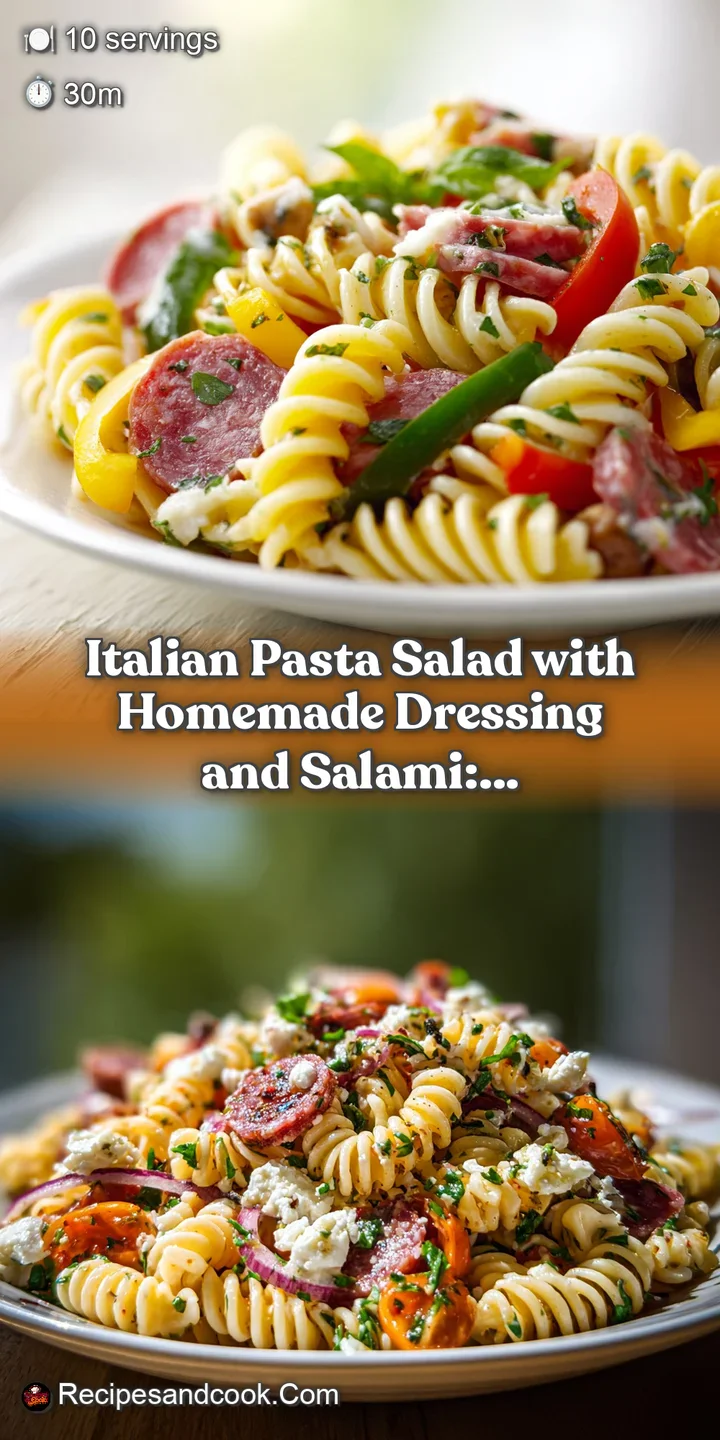 Close-up showcasing the textures of the pasta salad: plump tomatoes, crisp peppers, and perfectly cooked pasta glistening ...