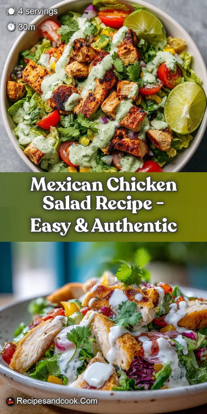 Close-up of a vibrant Mexican chicken salad with creamy dressing drizzled over tender chicken and colorful vegetables, bur...