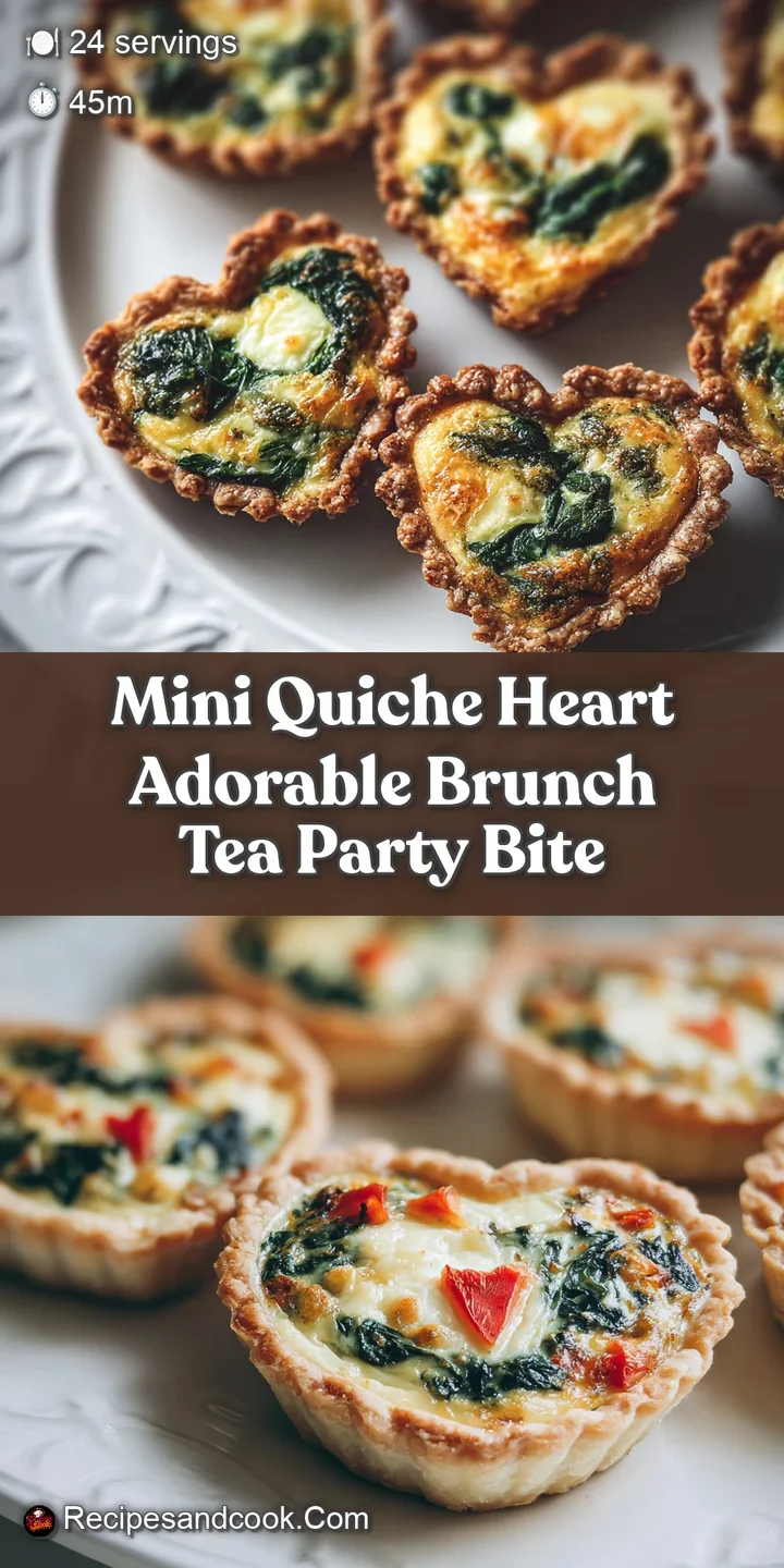 Close-up of a single, freshly baked mini quiche heart with a crispy, golden crust and visible flecks of spinach within the...