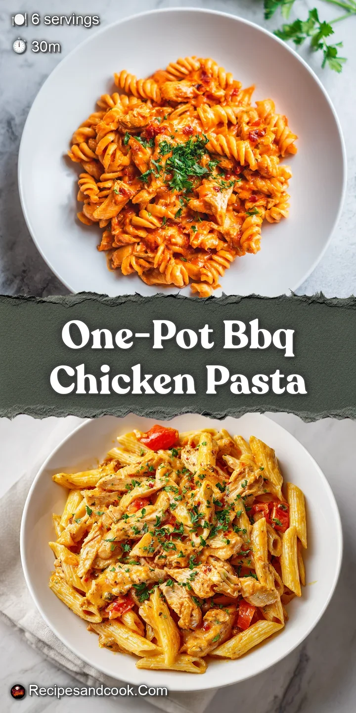 Close-up of BBQ chicken pasta; glistening sauce clings to the noodles and chicken, highlighting the juicy, slightly charre...