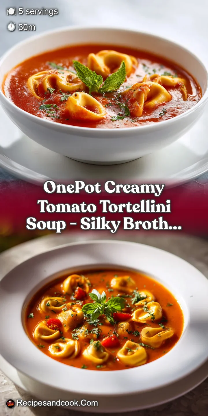 Close-up reveals plump cheese tortellini nestled in rich, velvety tomato soup, garnished with bright green basil and crack...