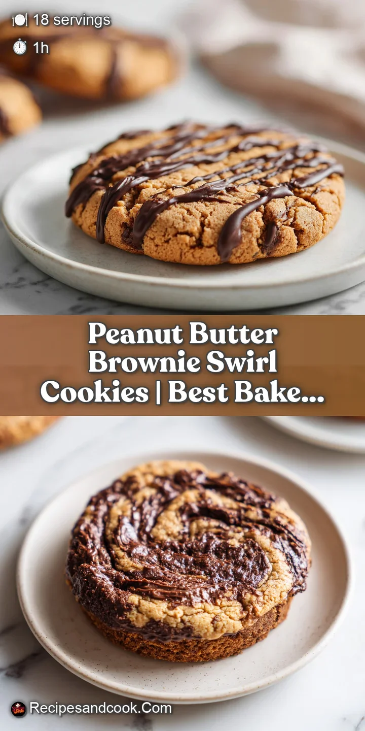 Close-up of a rich, dark brownie cookie with gooey peanut butter swirls and a slightly cracked top.